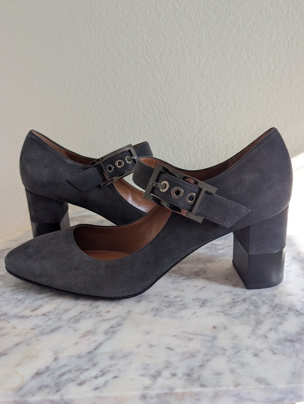 Gray Mary Jane Block Heel Pumps
